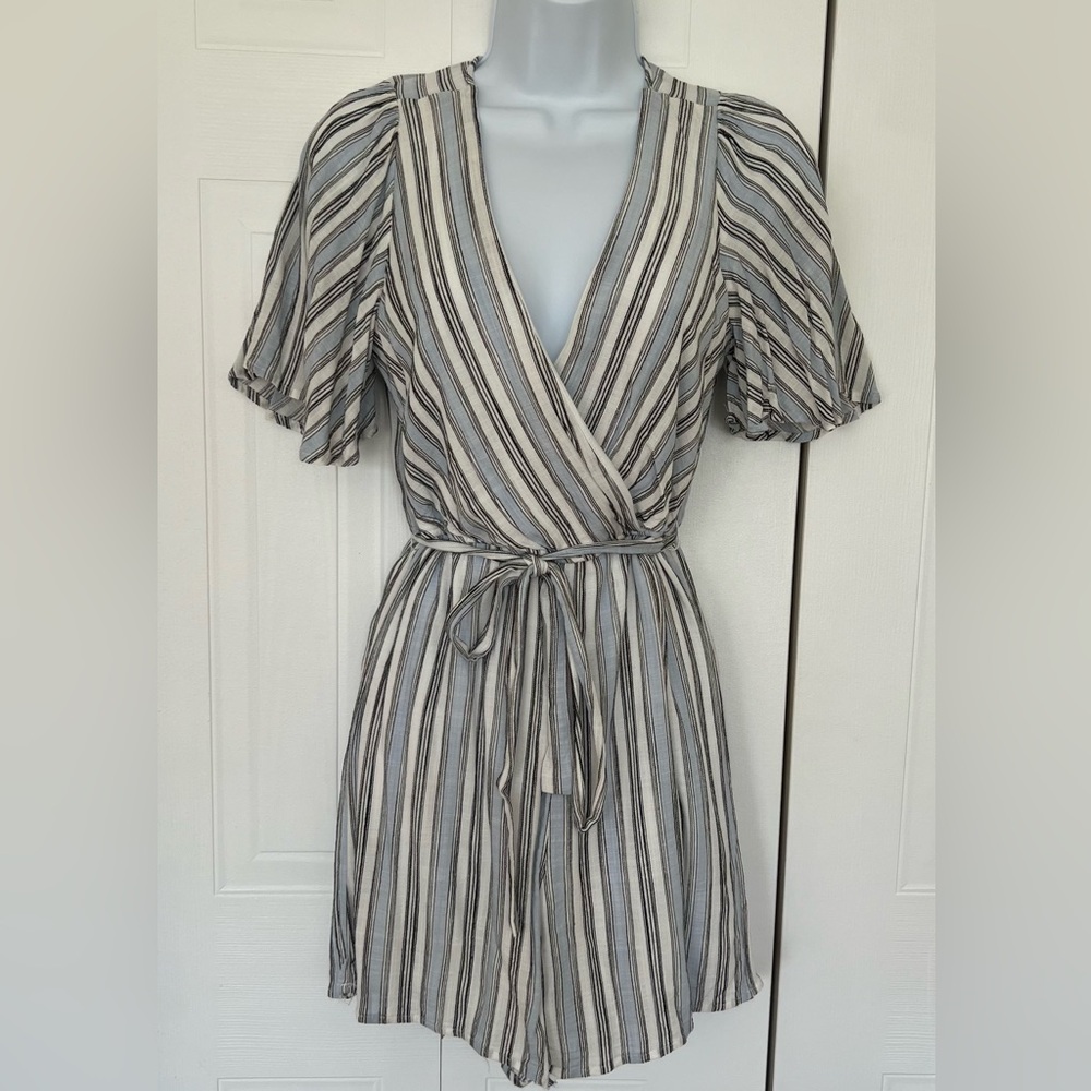 “Blue Rain” women’s short romper. Size Small. Grey/White stripes.